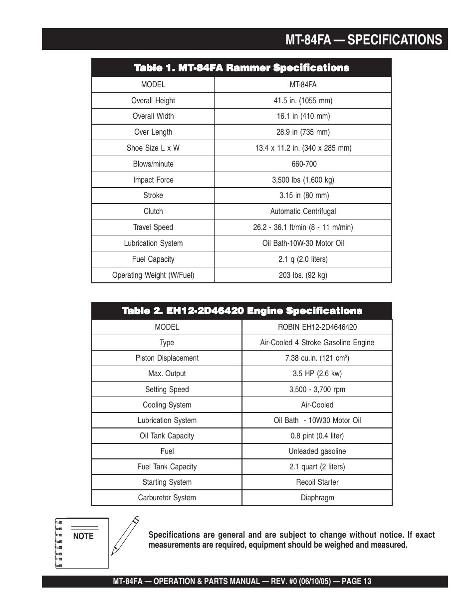 Mt-84fa — specifications | Multiquip MT84FA User Manual | Page 13 / 50
