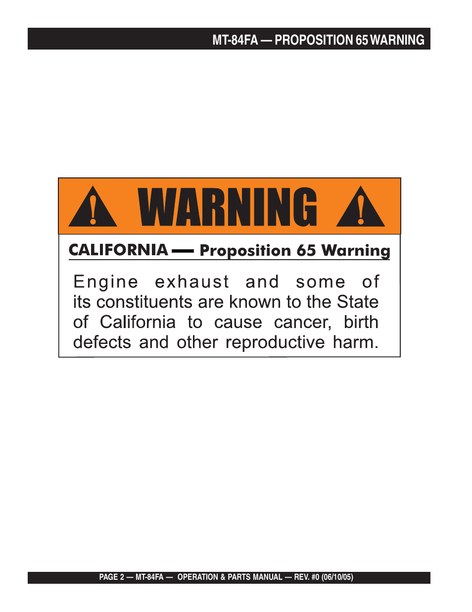 Mt-84fa — proposition 65 warning | Multiquip MT84FA User Manual | Page 2 / 50