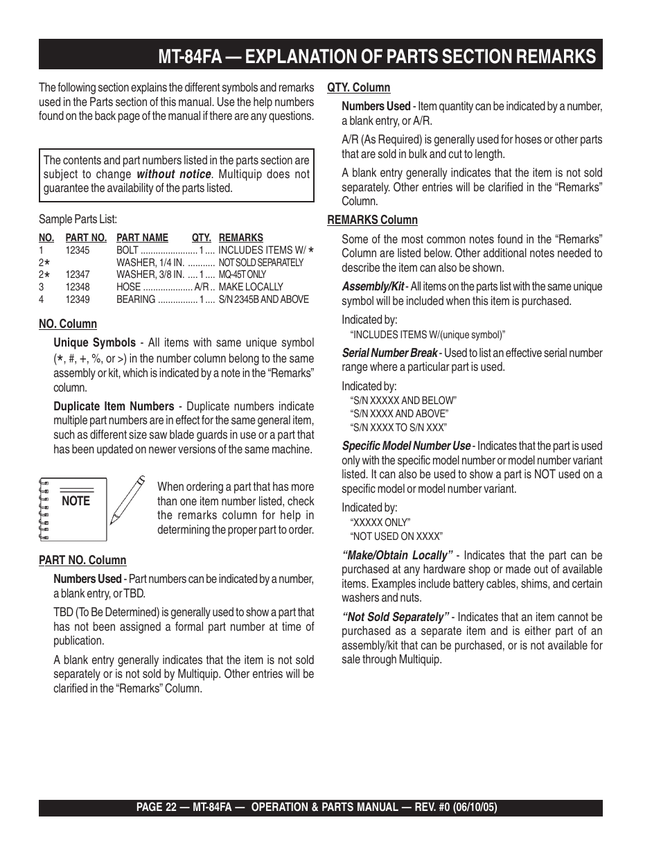 Multiquip MT84FA User Manual | Page 22 / 50