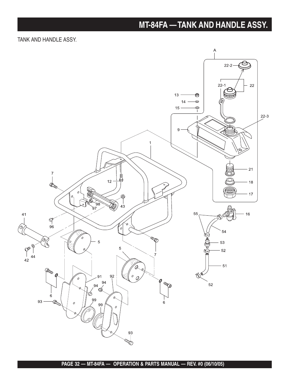 Mt-84fa — tank and handle assy | Multiquip MT84FA User Manual | Page 32 / 50