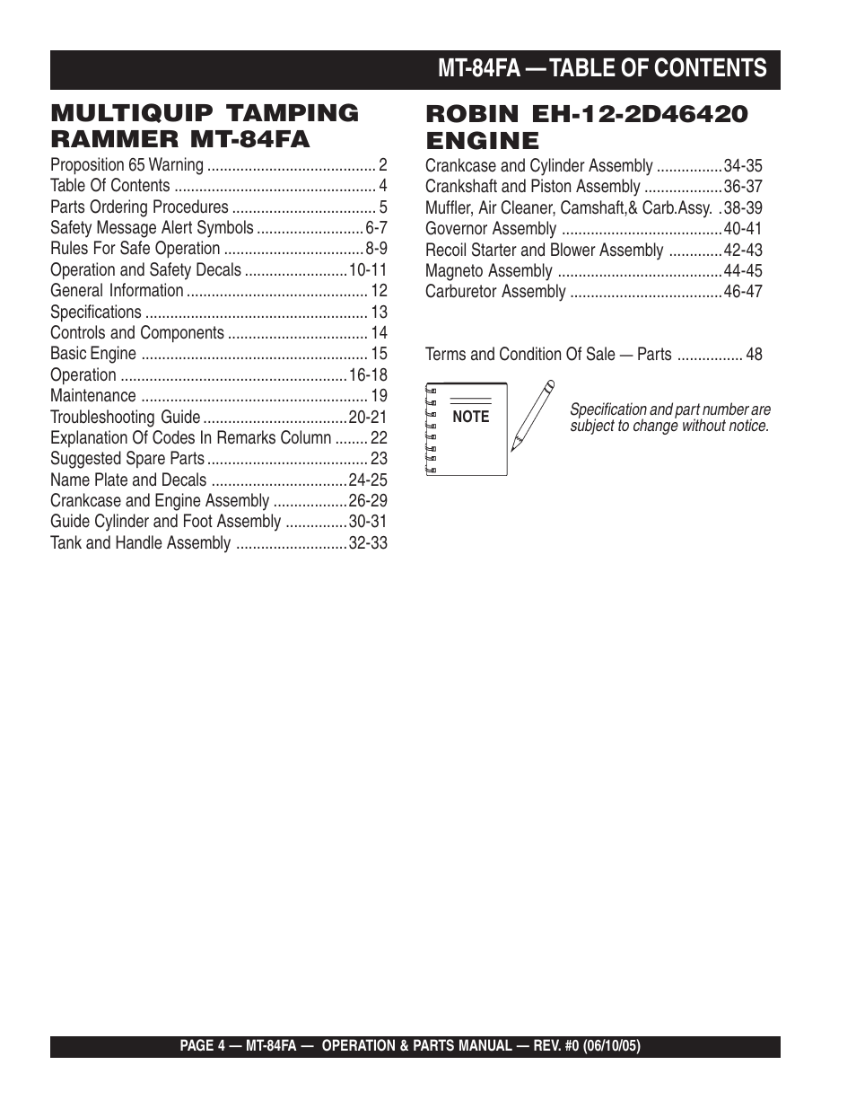 Mt-84fa — table of contents, Multiquip tamping rammer mt-84fa | Multiquip MT84FA User Manual | Page 4 / 50