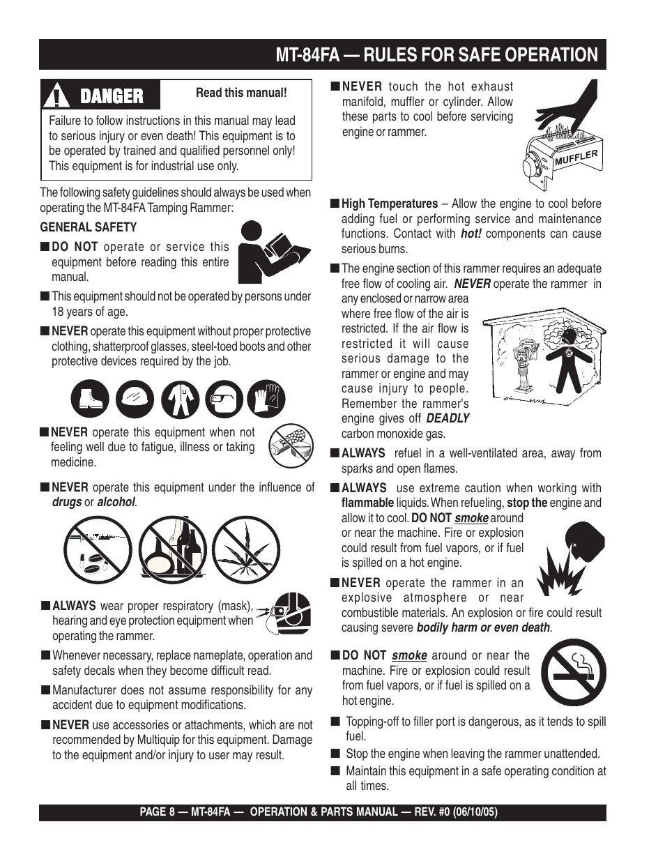 Mt-84fa — rules for safe operation, Danger | Multiquip MT84FA User Manual | Page 8 / 50