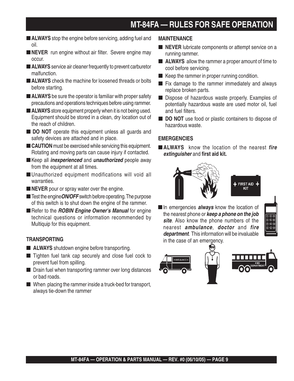 Mt-84fa — rules for safe operation | Multiquip MT84FA User Manual | Page 9 / 50
