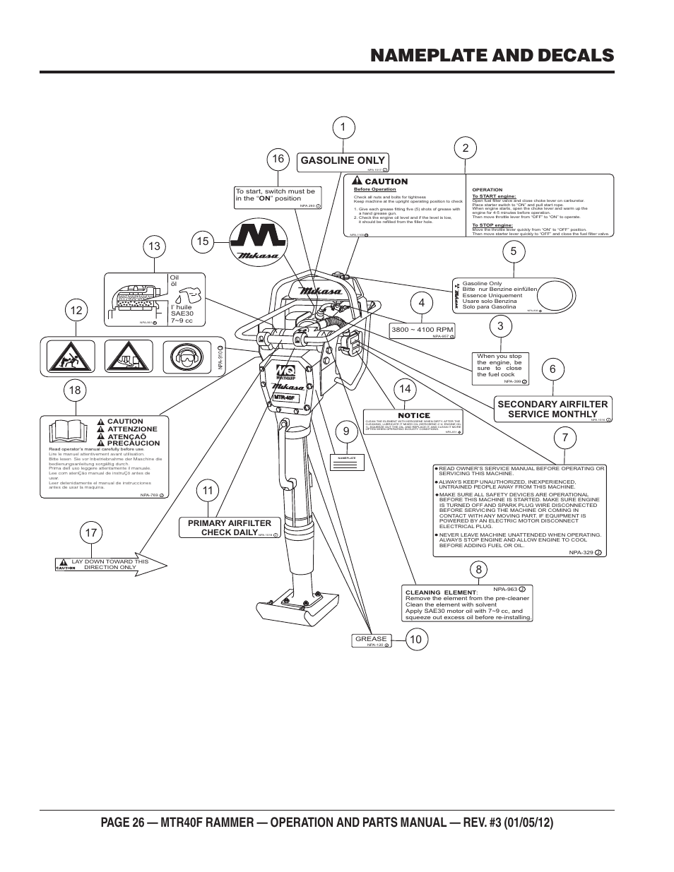 Nameplate and decals, Gasoline only, Secondary airfilter service monthly | Multiquip MTR40F User Manual | Page 26 / 76