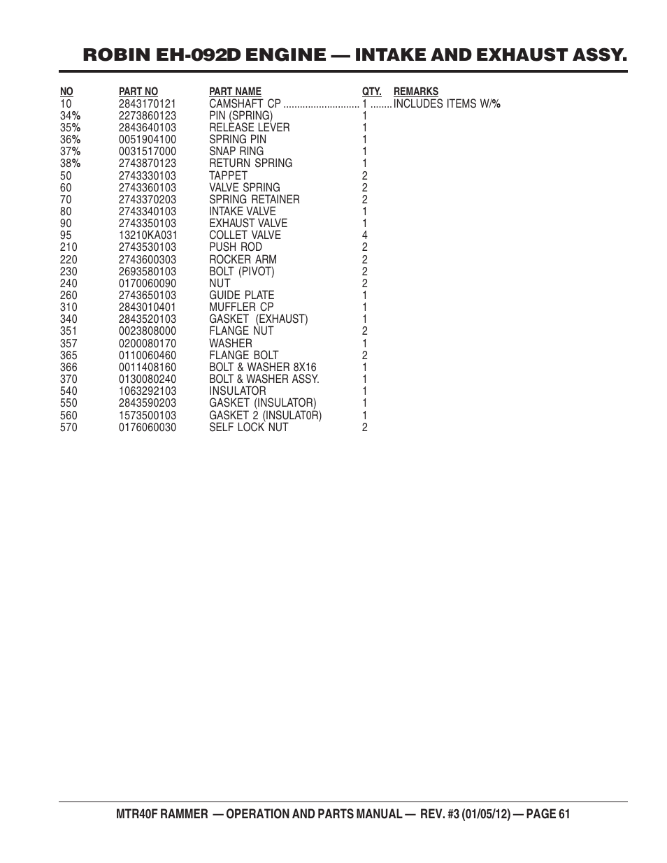 Robin eh-092d engine — intake and exhaust assy | Multiquip MTR40F User Manual | Page 61 / 76