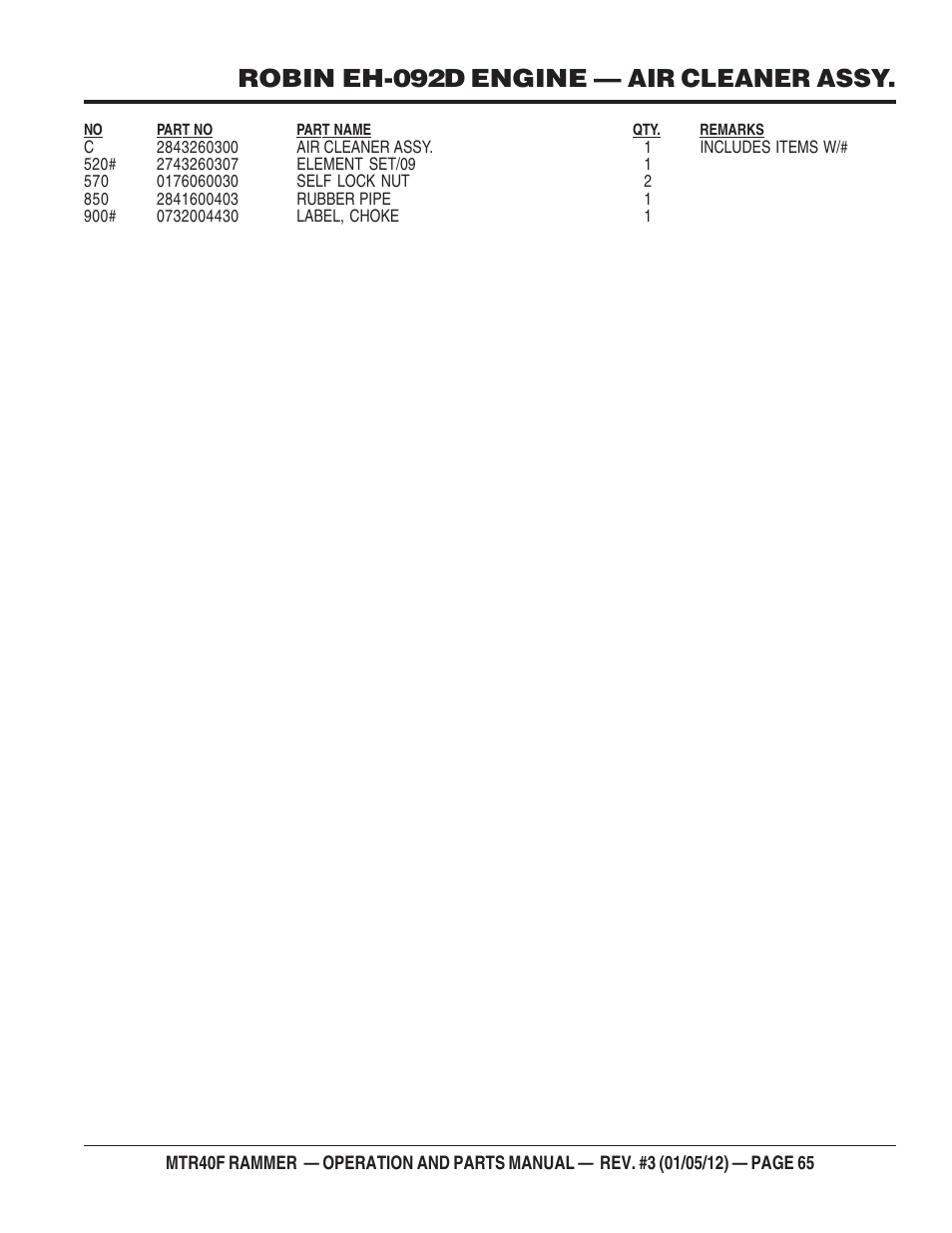 Robin eh-092d engine — air cleaner assy | Multiquip MTR40F User Manual | Page 65 / 76