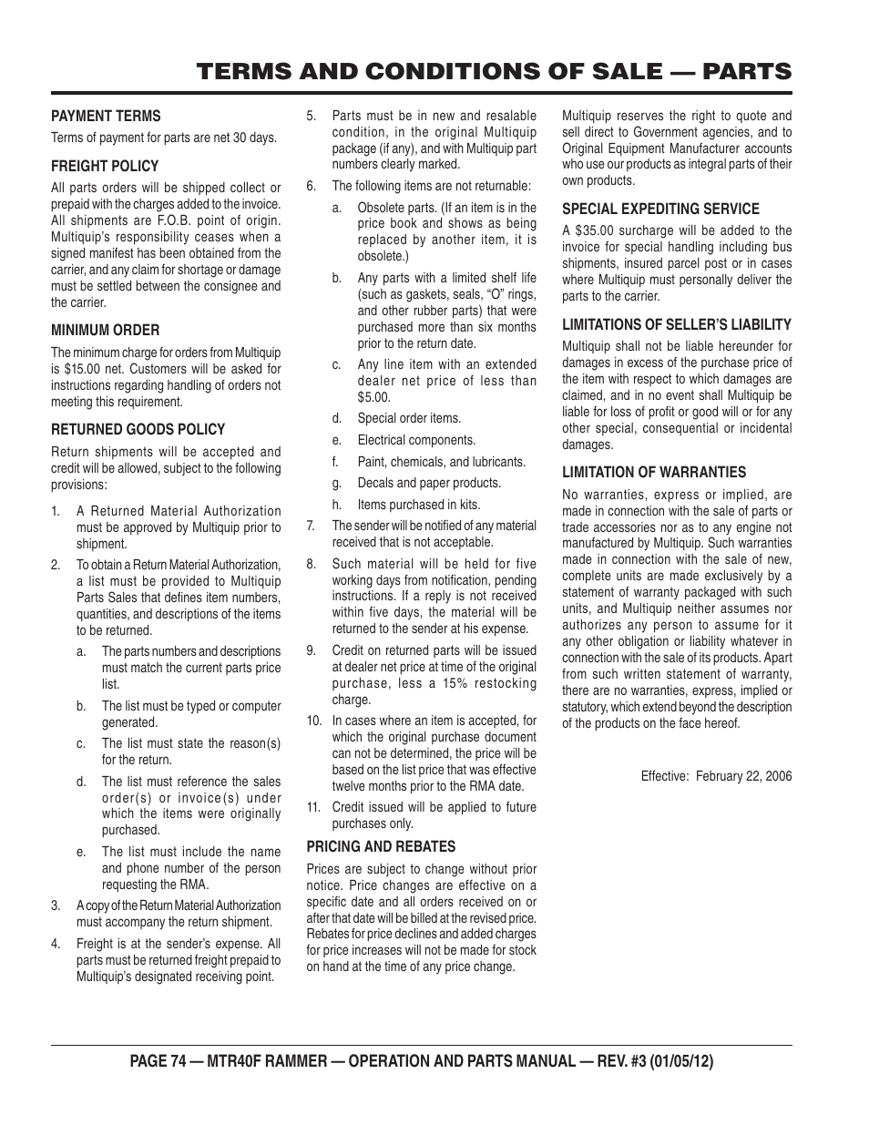 Terms and conditions of sale — parts | Multiquip MTR40F User Manual | Page 74 / 76
