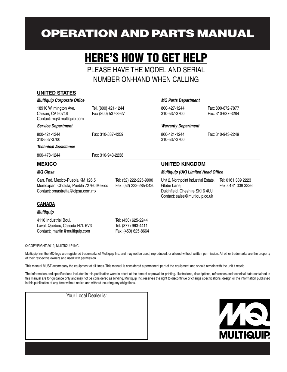 Here’s how to get help, Operation and parts manual | Multiquip MTR40F User Manual | Page 76 / 76
