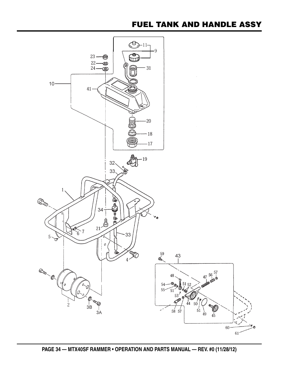 Tank and handle assy, Fuel tank and handle assy | Multiquip MTR40SF User Manual | Page 34 / 64