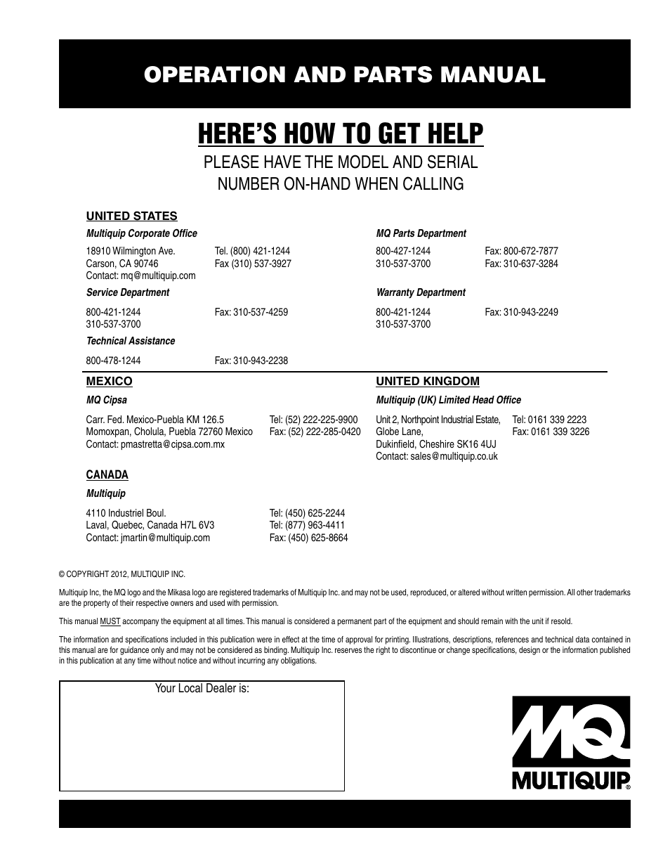 Here’s how to get help, Operation and parts manual | Multiquip MTR40SF User Manual | Page 64 / 64