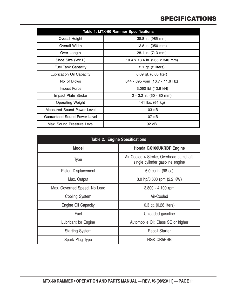 Specifications | Multiquip MTX60 User Manual | Page 11 / 66