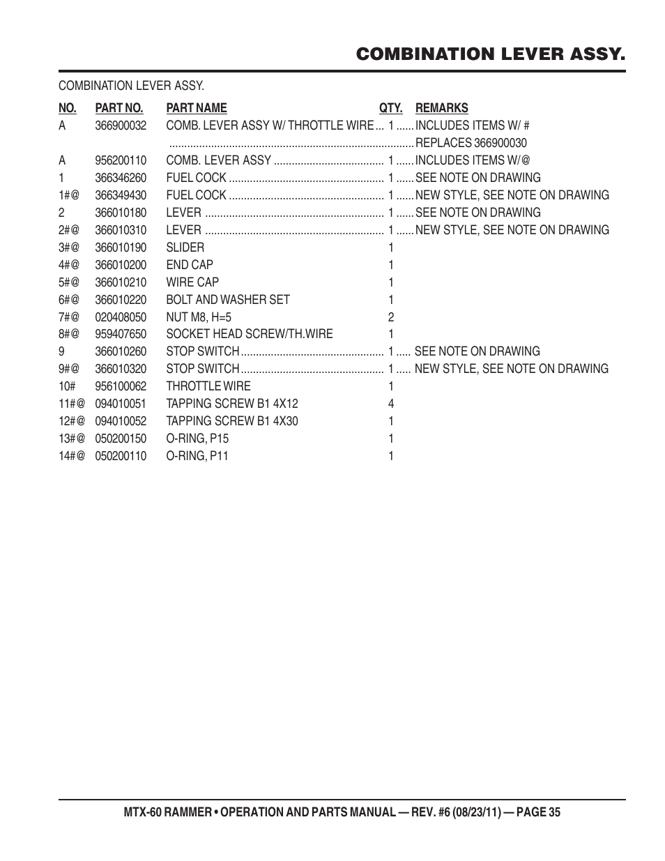Combination lever assy | Multiquip MTX60 User Manual | Page 35 / 66