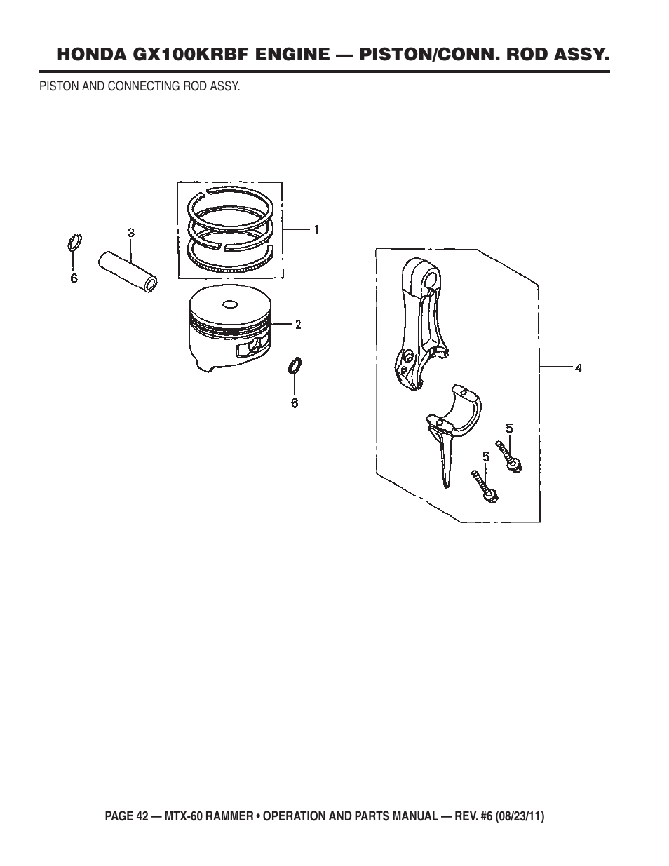 Honda gx100krbf engine — piston/conn. rod assy | Multiquip MTX60 User Manual | Page 42 / 66