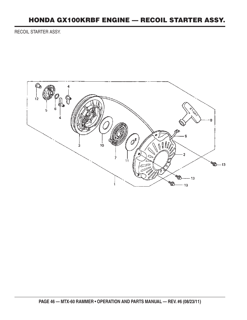 Honda gx100krbf engine — recoil starter assy | Multiquip MTX60 User Manual | Page 46 / 66