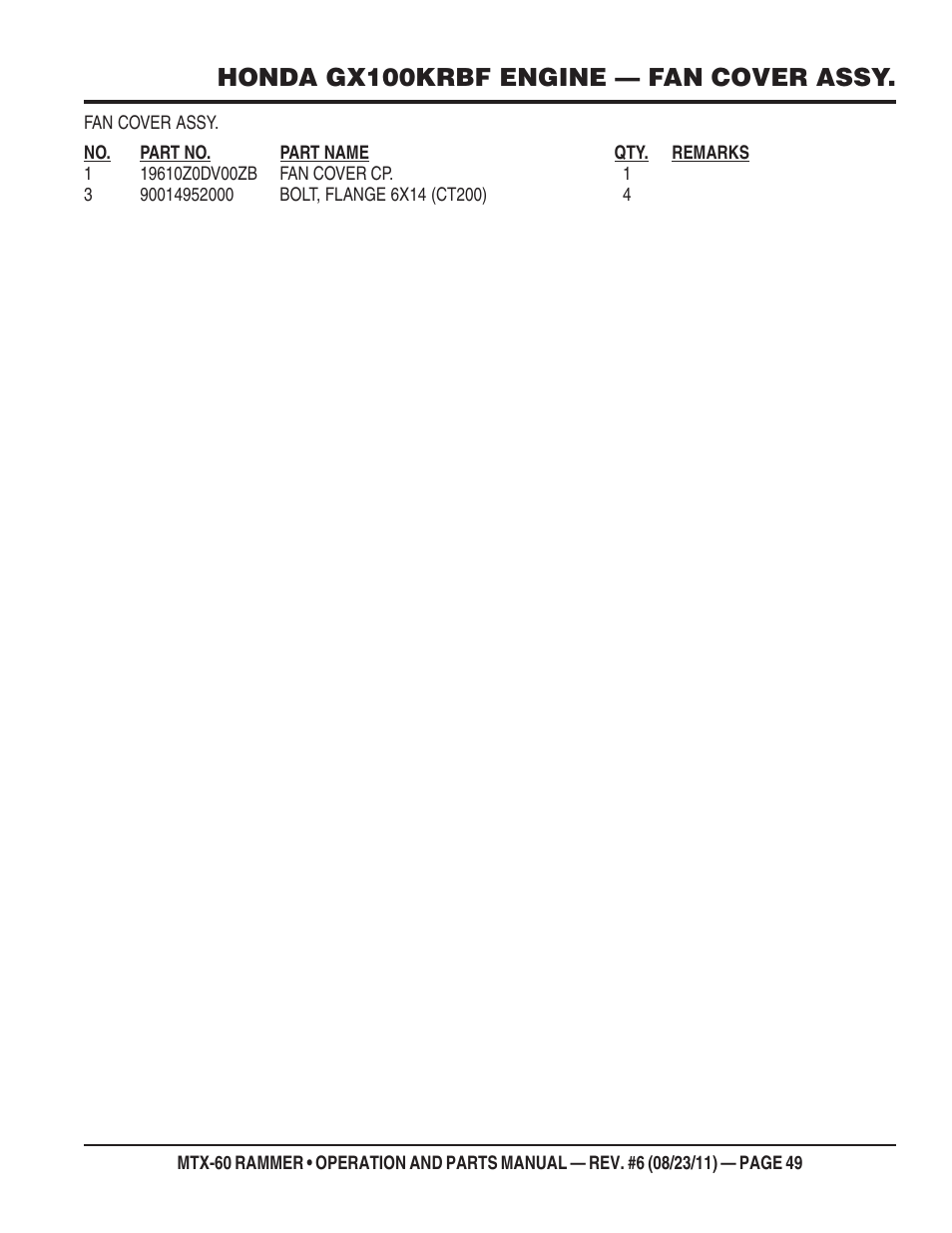 Honda gx100krbf engine — fan cover assy | Multiquip MTX60 User Manual | Page 49 / 66