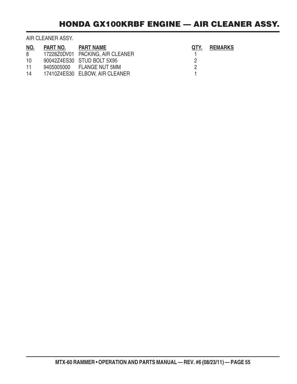 Honda gx100krbf engine — air cleaner assy | Multiquip MTX60 User Manual | Page 55 / 66