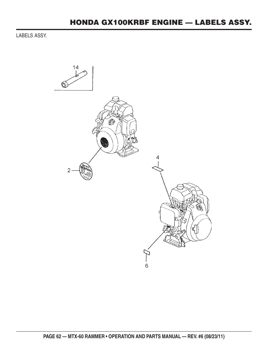 Honda gx100krbf engine — labels assy | Multiquip MTX60 User Manual | Page 62 / 66