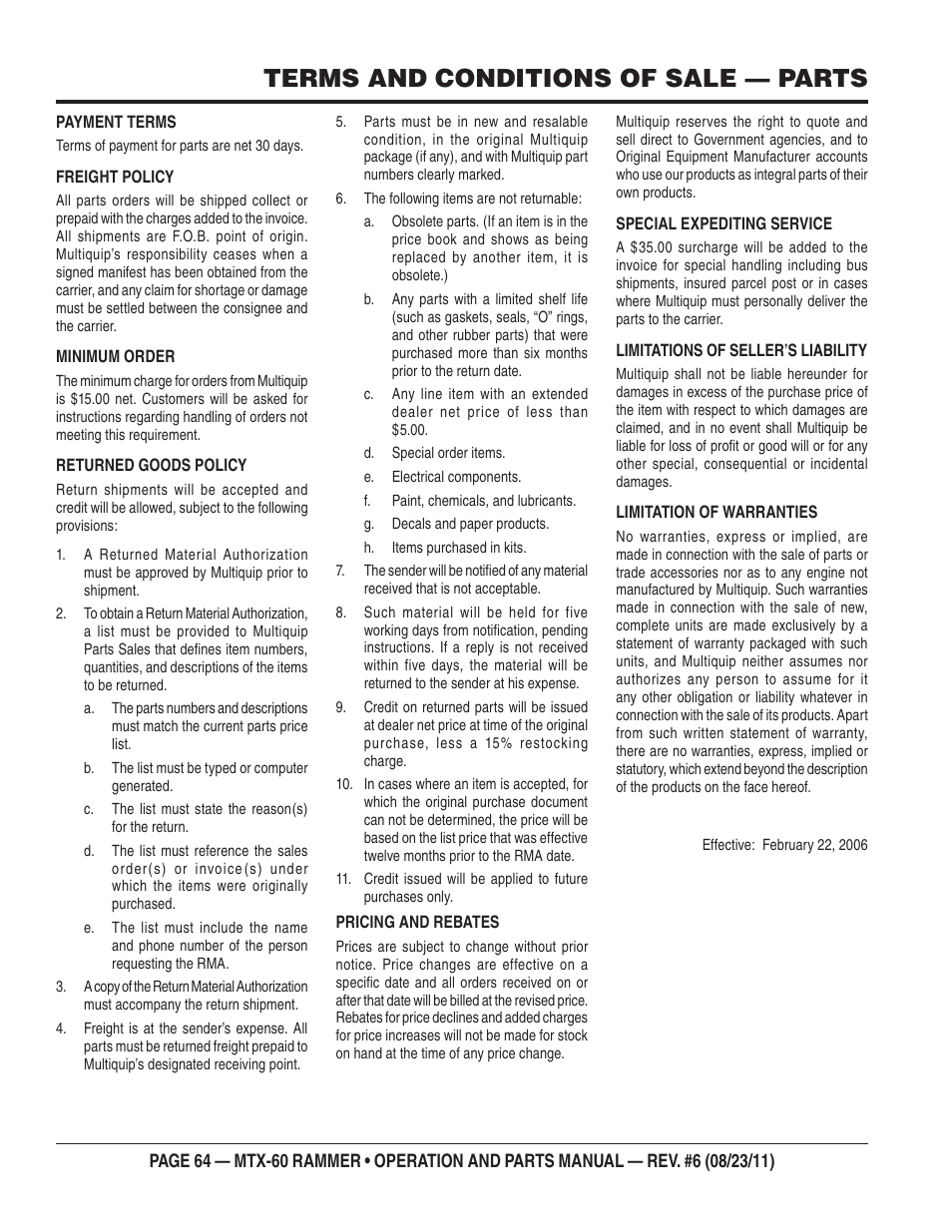 Terms and conditions of sale — parts | Multiquip MTX60 User Manual | Page 64 / 66