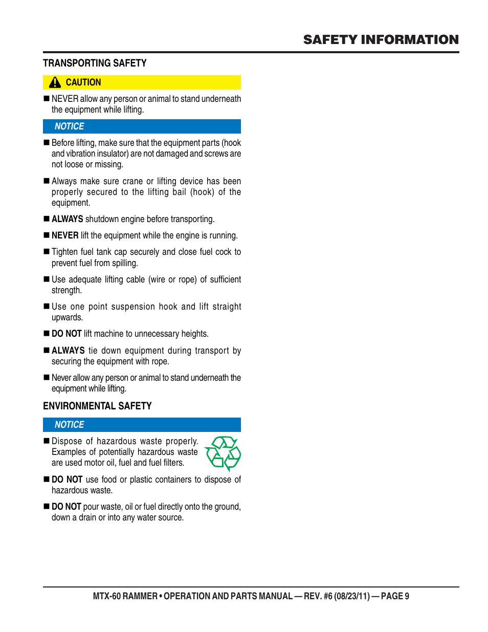 Safety information | Multiquip MTX60 User Manual | Page 9 / 66