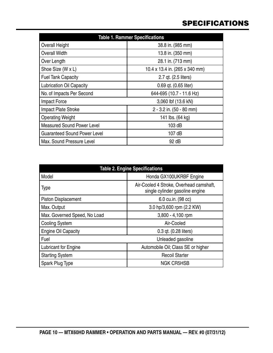 Specifications | Multiquip MTX60HD User Manual | Page 10 / 70