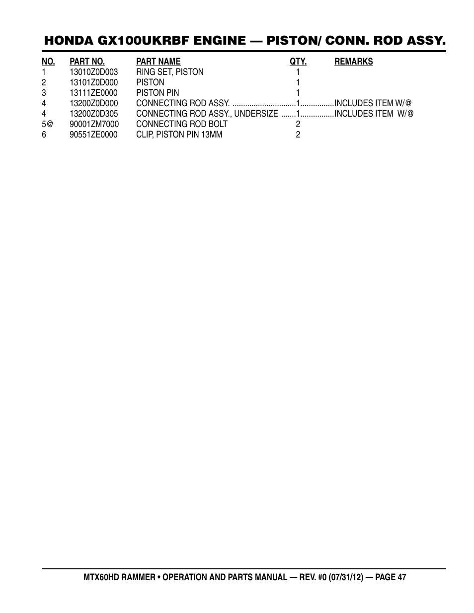 Honda gx100ukrbf engine — piston/ conn. rod assy | Multiquip MTX60HD User Manual | Page 47 / 70