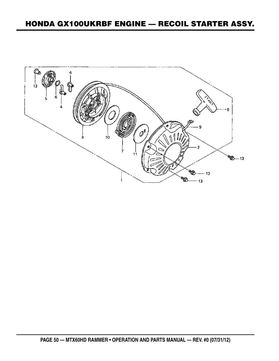 Honda gx100ukrbf engine — recoil starter assy | Multiquip MTX60HD User Manual | Page 50 / 70