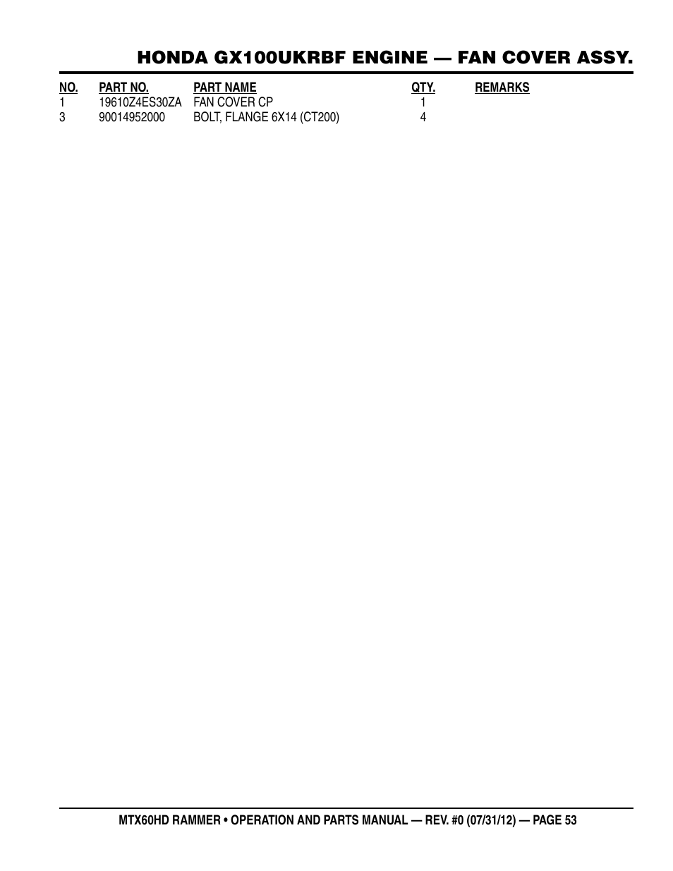 Honda gx100ukrbf engine — fan cover assy | Multiquip MTX60HD User Manual | Page 53 / 70