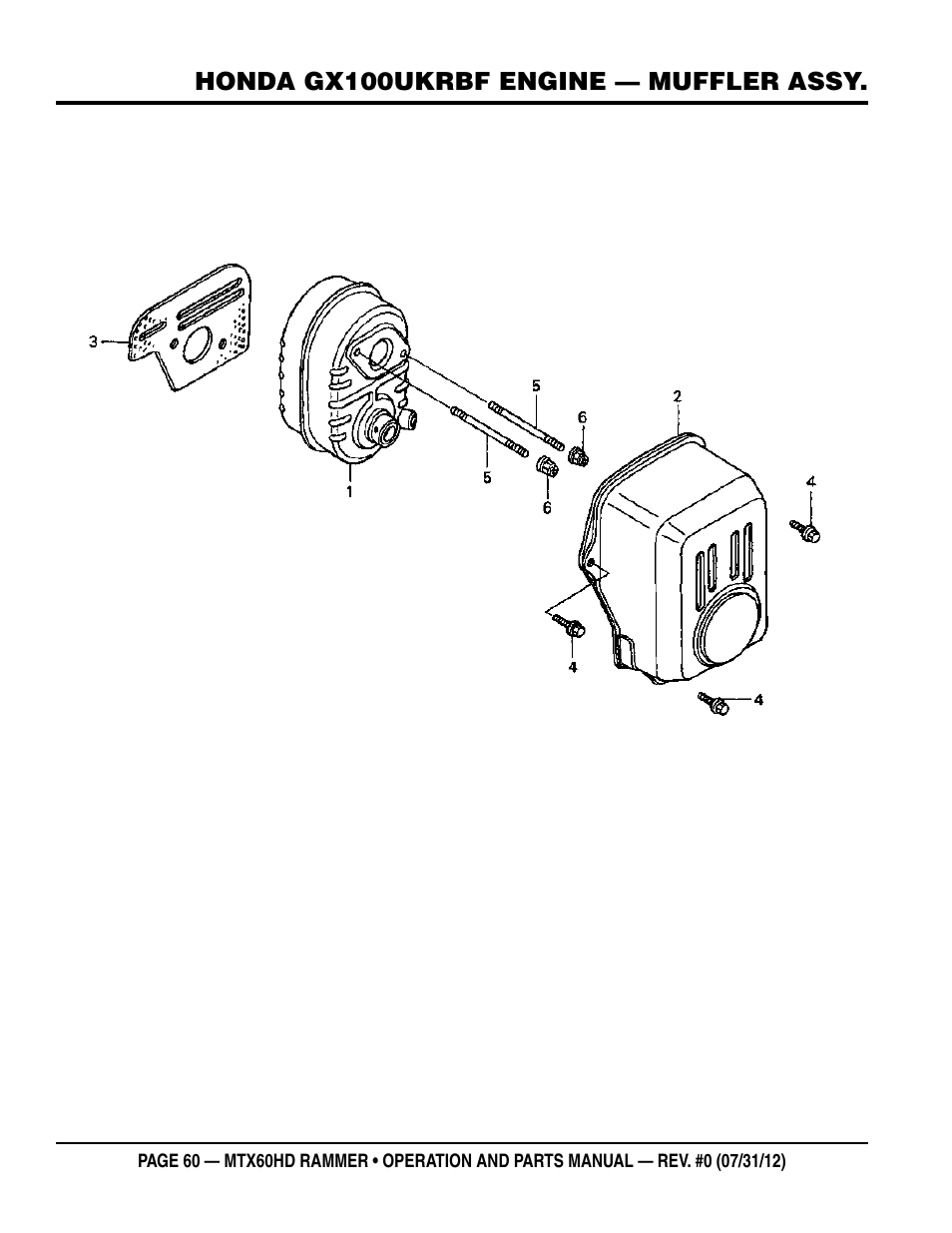 Honda gx100ukrbf engine — muffler assy | Multiquip MTX60HD User Manual | Page 60 / 70