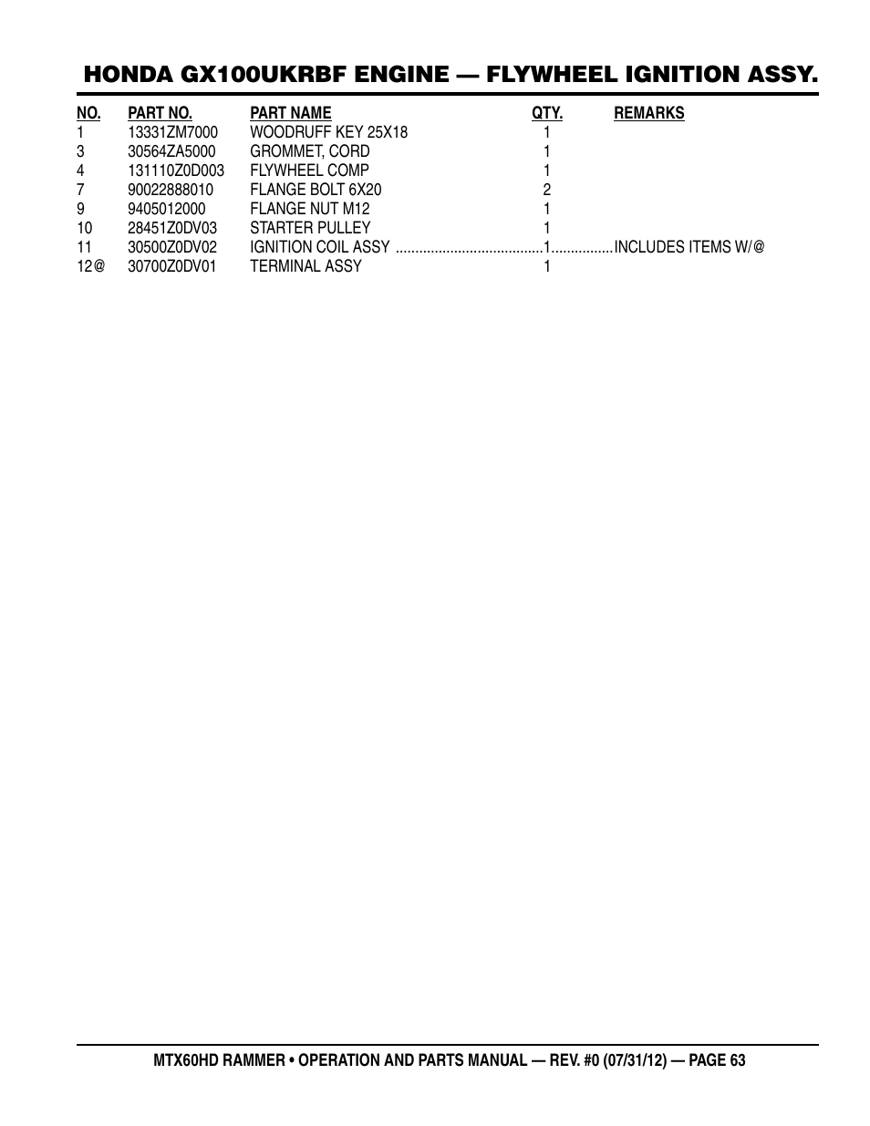 Honda gx100ukrbf engine — flywheel ignition assy | Multiquip MTX60HD User Manual | Page 63 / 70