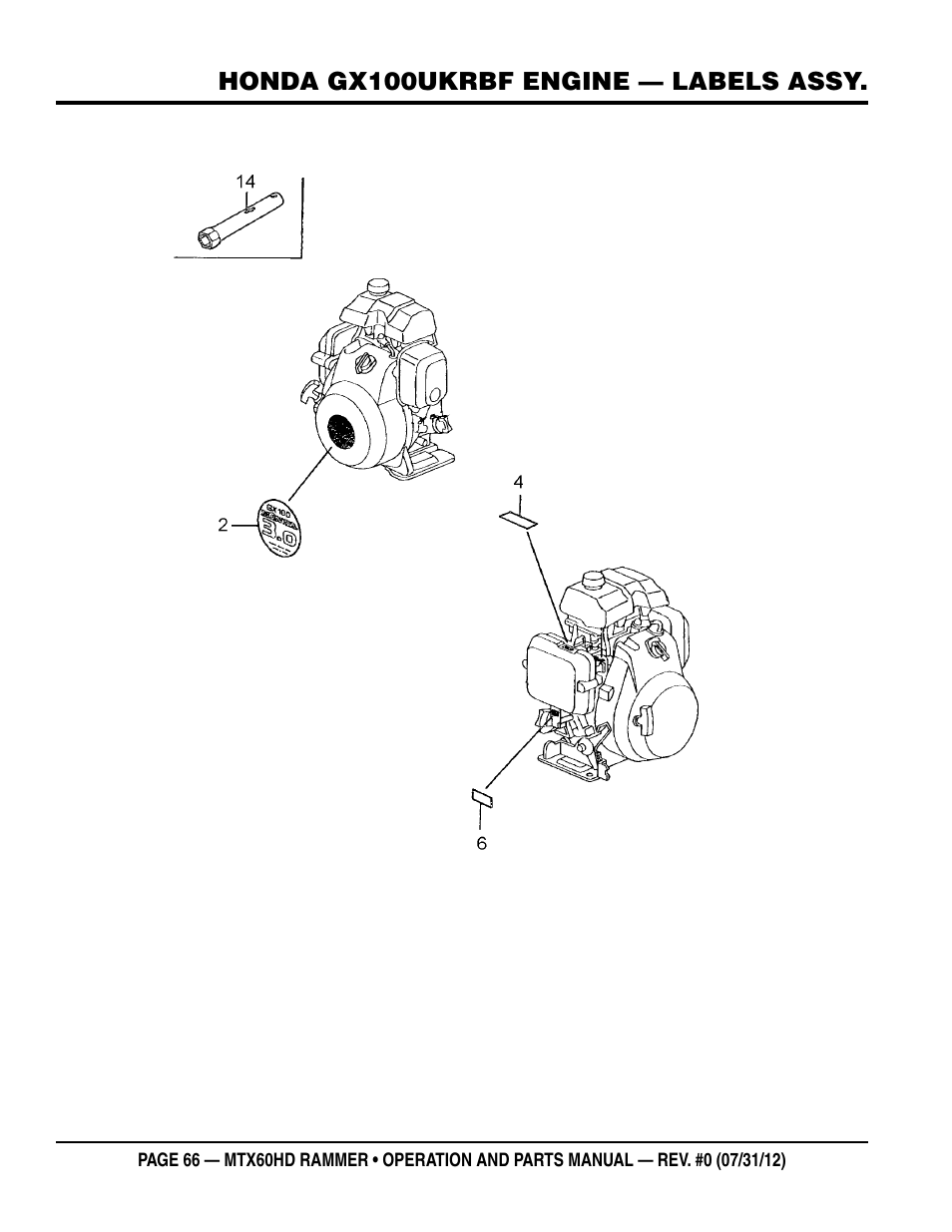 Honda gx100ukrbf engine — labels assy | Multiquip MTX60HD User Manual | Page 66 / 70