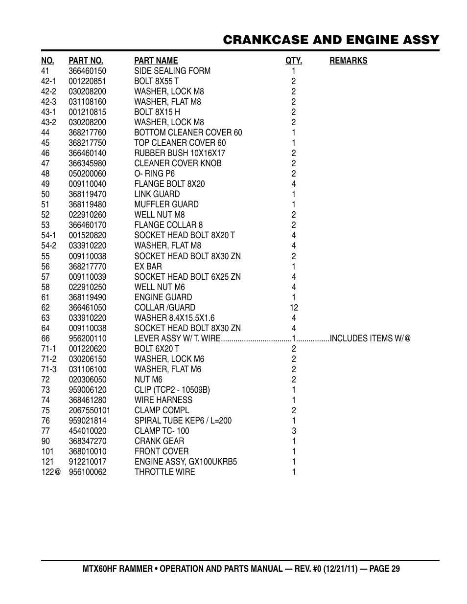 Crankcase and engine assy | Multiquip MTX60HF User Manual | Page 29 / 66