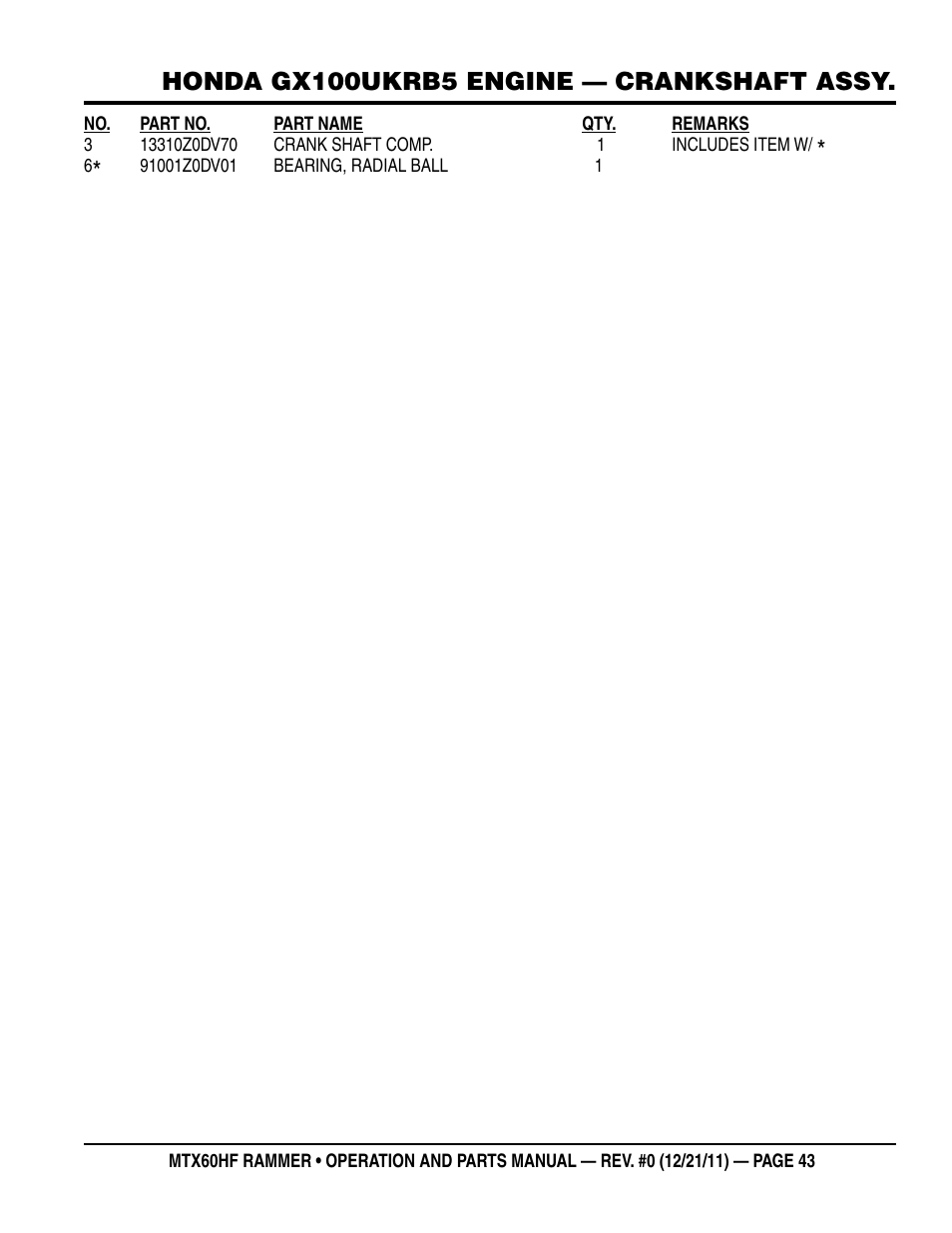 Honda gx100ukrb5 engine — crankshaft assy | Multiquip MTX60HF User Manual | Page 43 / 66