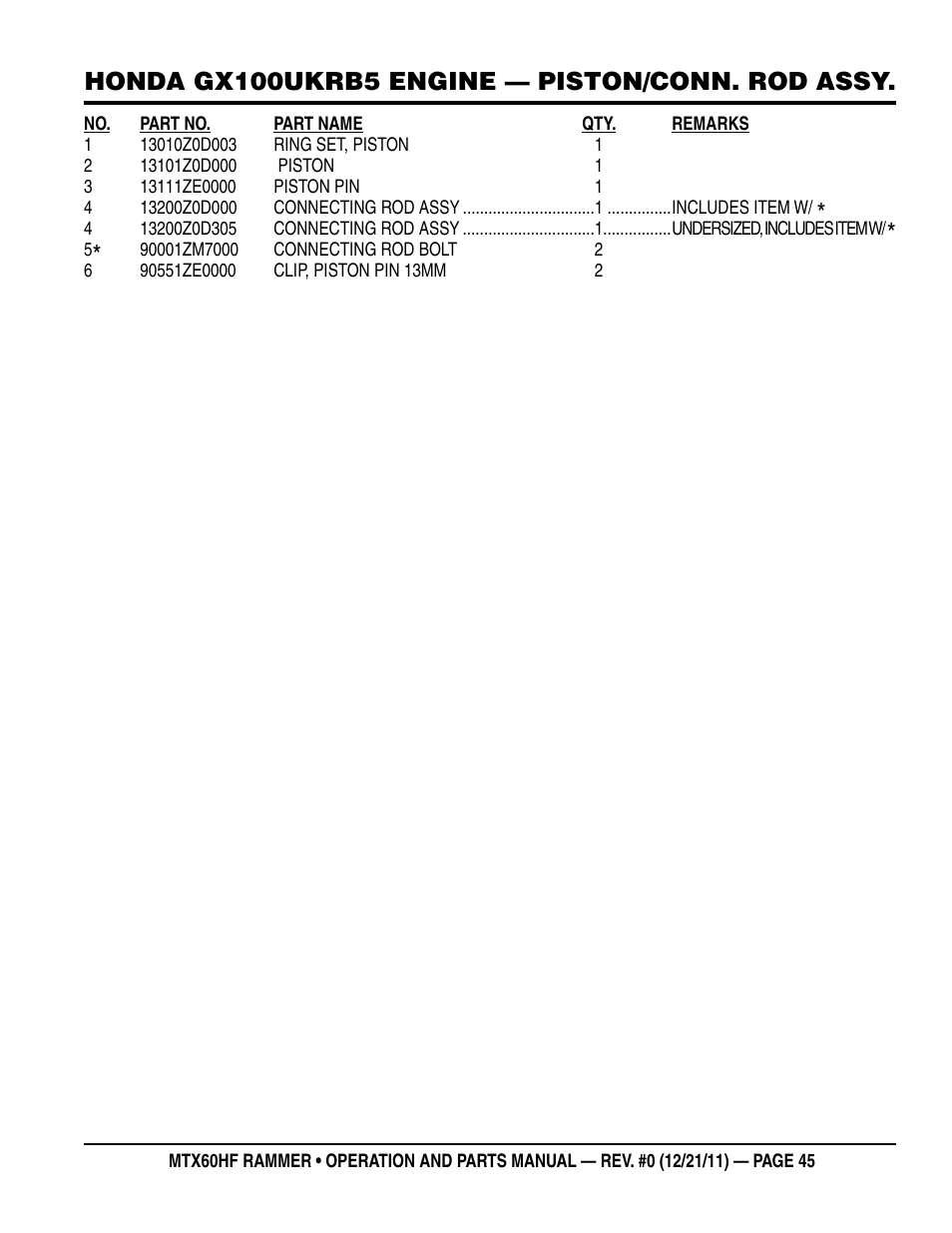 Honda gx100ukrb5 engine — piston/conn. rod assy | Multiquip MTX60HF User Manual | Page 45 / 66