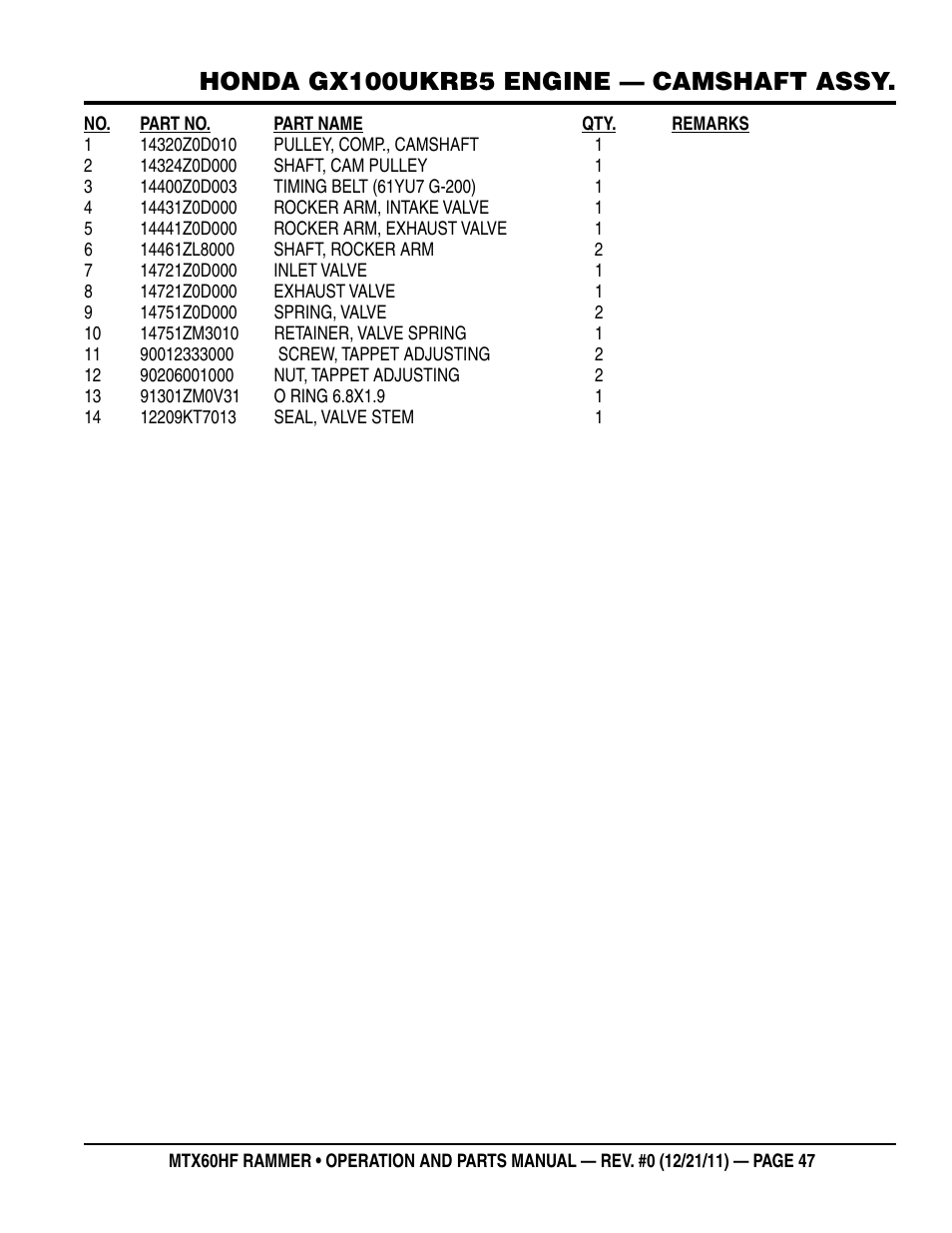 Honda gx100ukrb5 engine — camshaft assy | Multiquip MTX60HF User Manual | Page 47 / 66