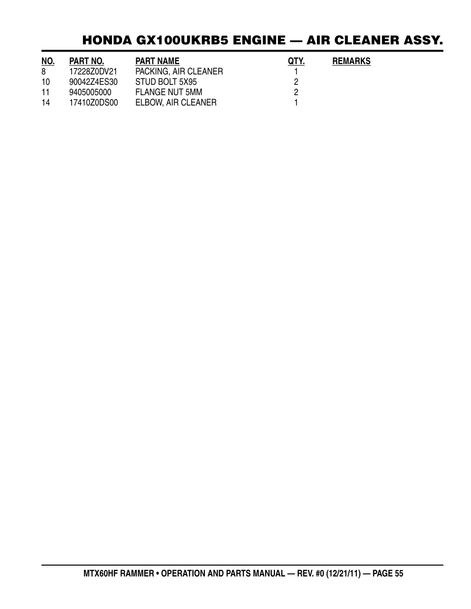 Honda gx100ukrb5 engine — air cleaner assy | Multiquip MTX60HF User Manual | Page 55 / 66