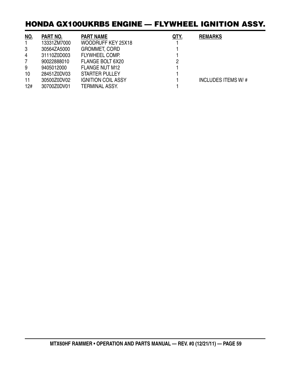 Honda gx100ukrb5 engine — flywheel ignition assy | Multiquip MTX60HF User Manual | Page 59 / 66