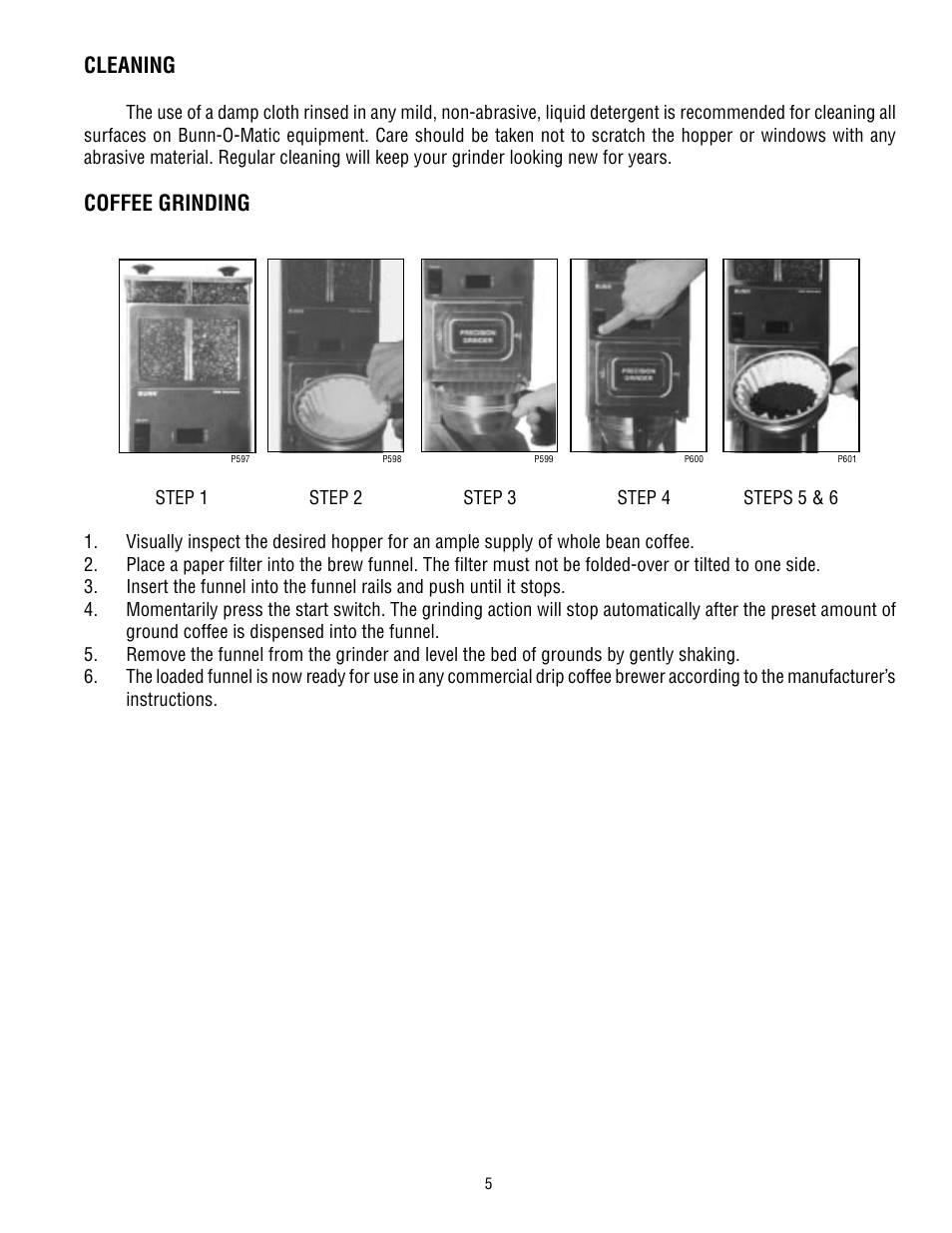 Cleaning, Coffee grinding | Bunn G9-2T HD User Manual | Page 5 / 20