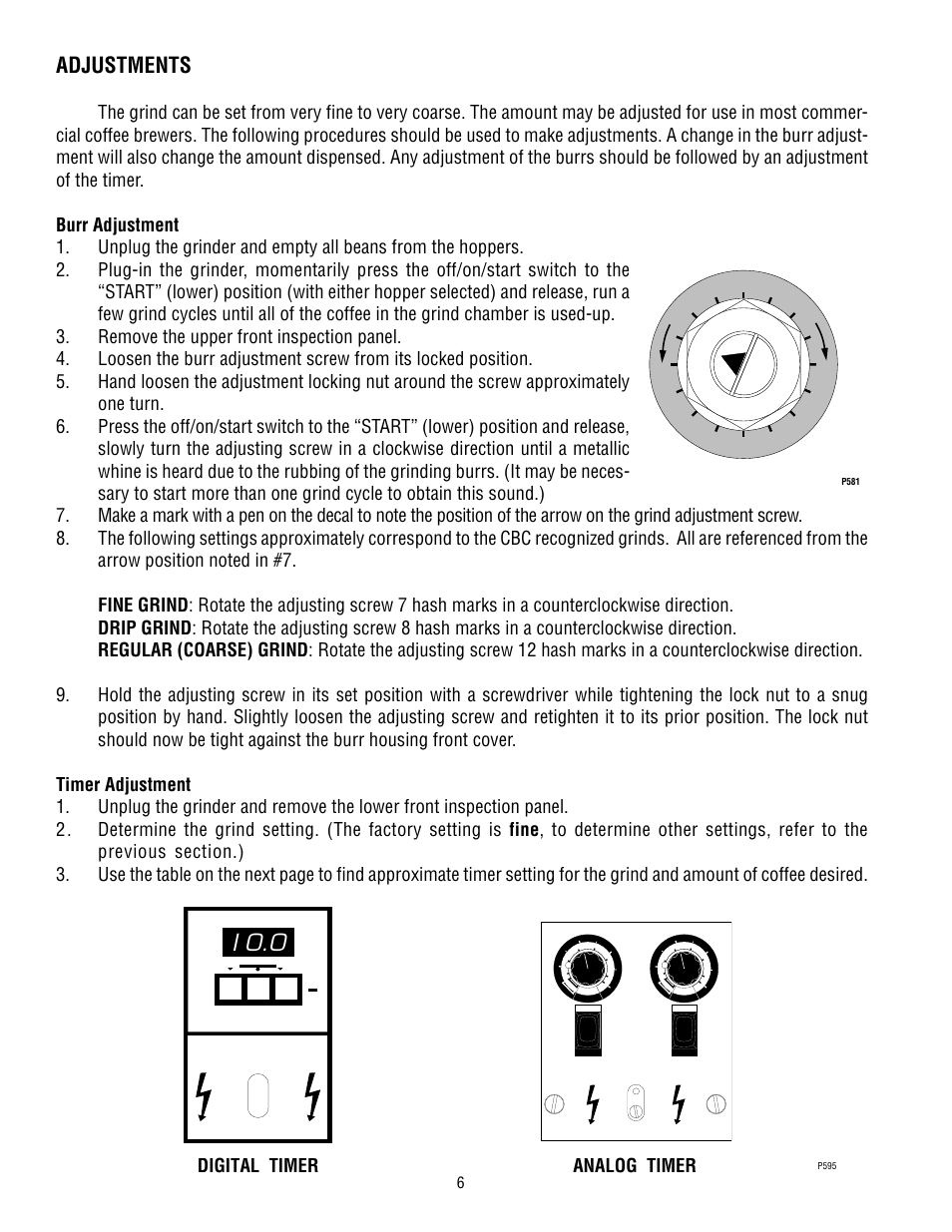 I 0.0, Adjustments, Digital timer analog timer | Co ar se - fine bunn | Bunn G9-2T HD User Manual | Page 6 / 20