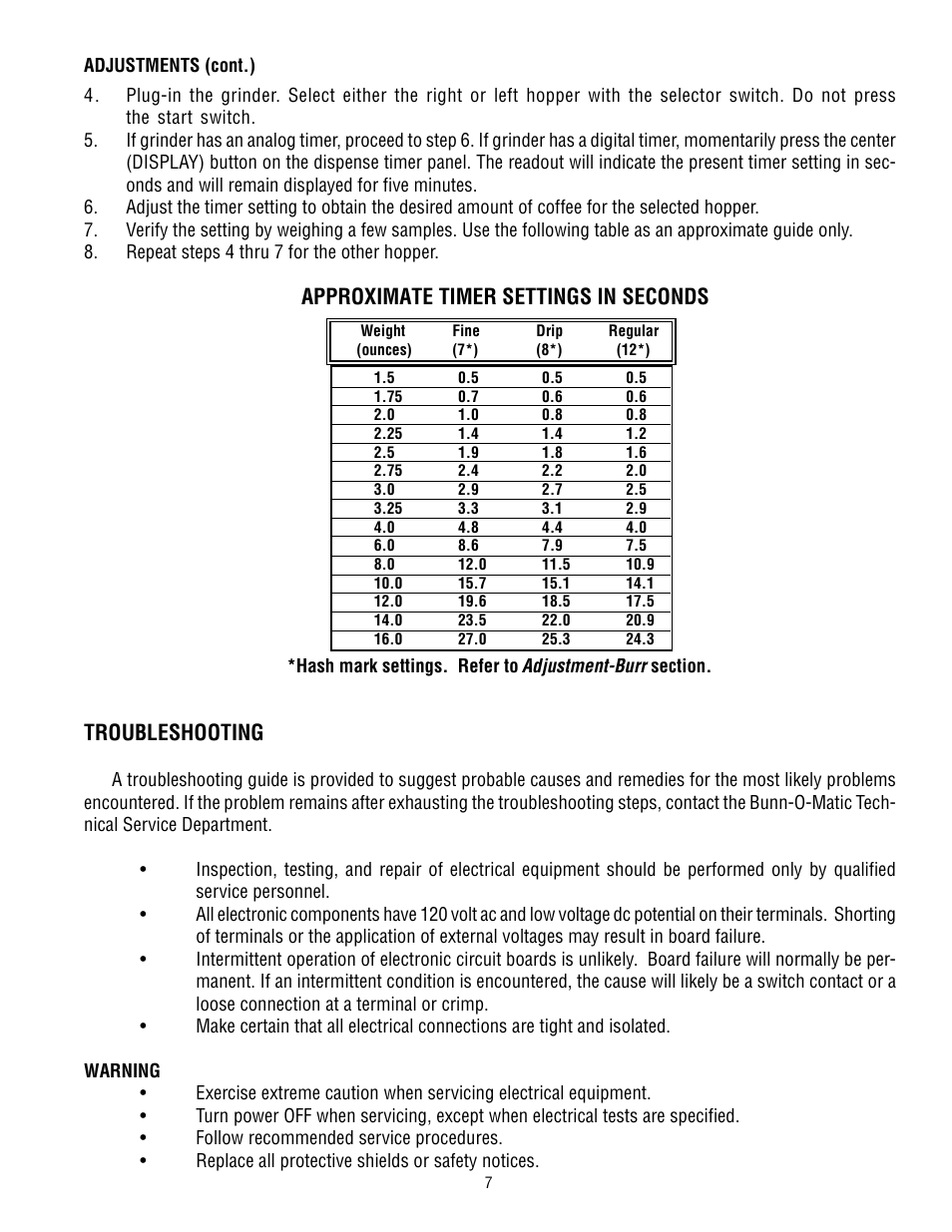 Troubleshooting, Approximate timer settings in seconds | Bunn G9-2T HD User Manual | Page 7 / 20