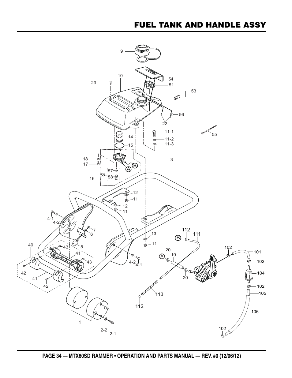 Fuel tank and handle assy | Multiquip MTX60SD User Manual | Page 34 / 58