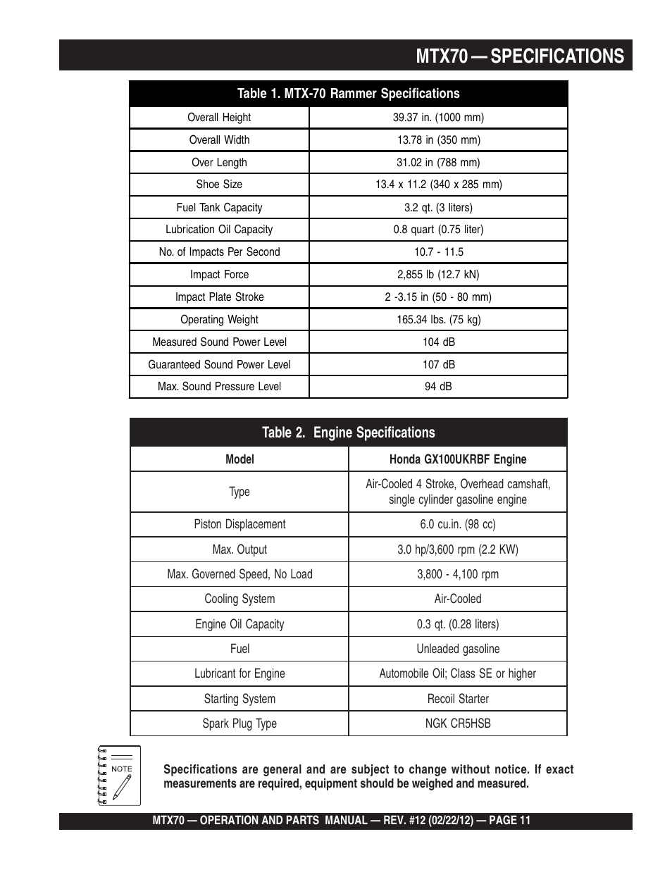 Mtx70 — specifications | Multiquip MTX70 User Manual | Page 11 / 68