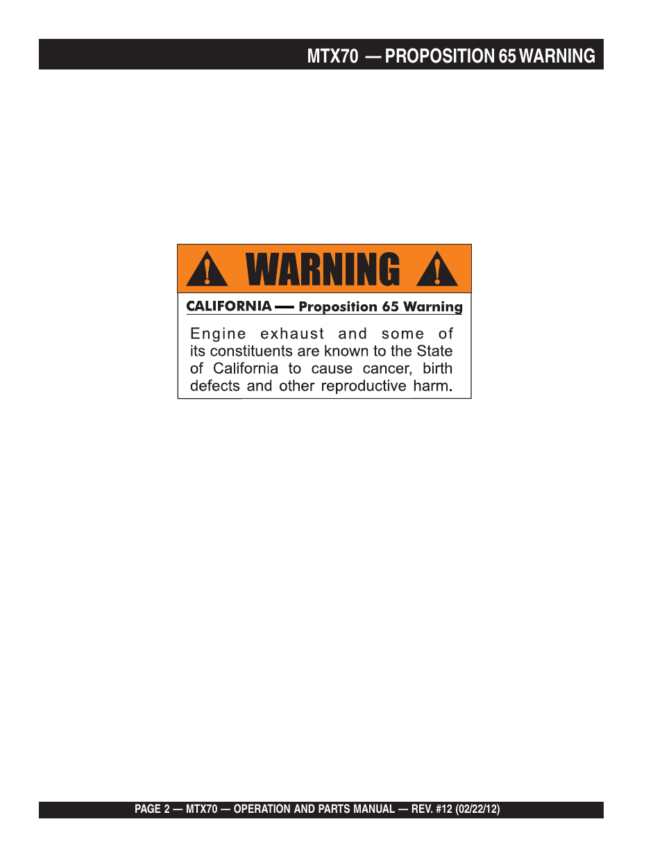 Mtx70 — proposition 65 warning | Multiquip MTX70 User Manual | Page 2 / 68