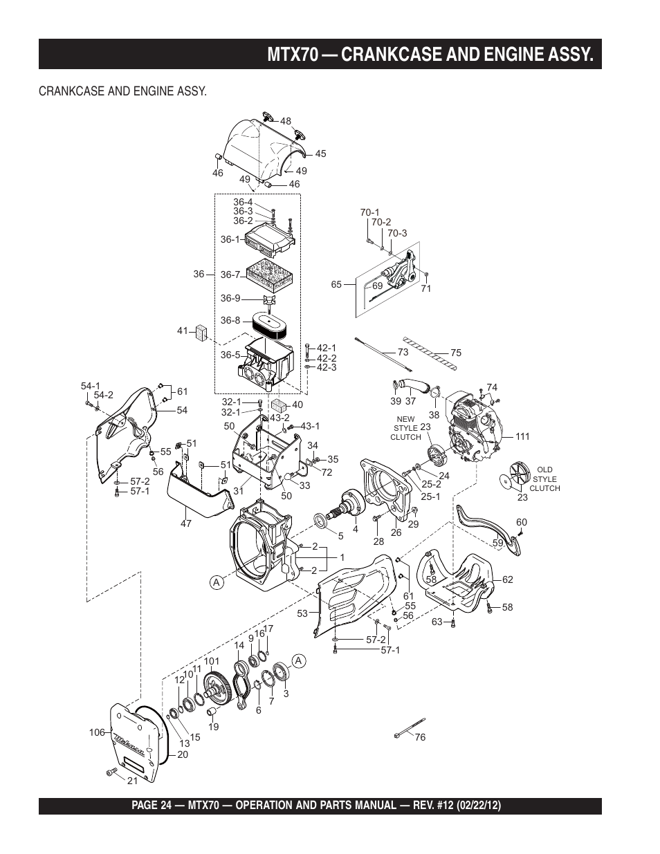 Mtx70 — crankcase and engine assy, Crankcase and engine assy | Multiquip MTX70 User Manual | Page 24 / 68