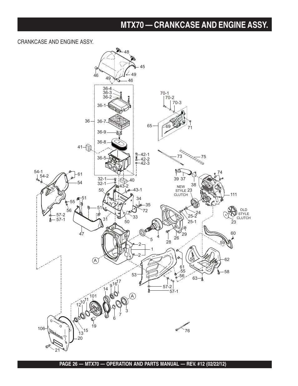 Mtx70 — crankcase and engine assy, Crankcase and engine assy | Multiquip MTX70 User Manual | Page 26 / 68