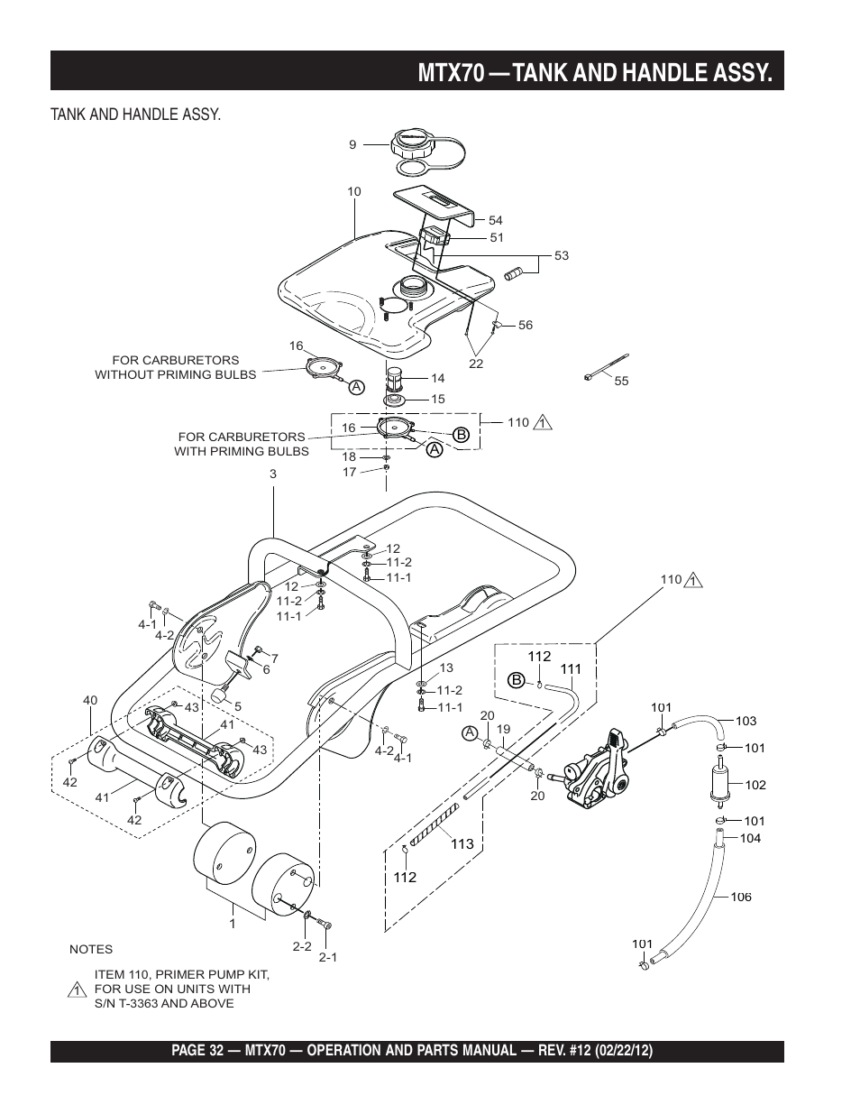 Mtx70 — tank and handle assy, Tank and handle assy | Multiquip MTX70 User Manual | Page 32 / 68