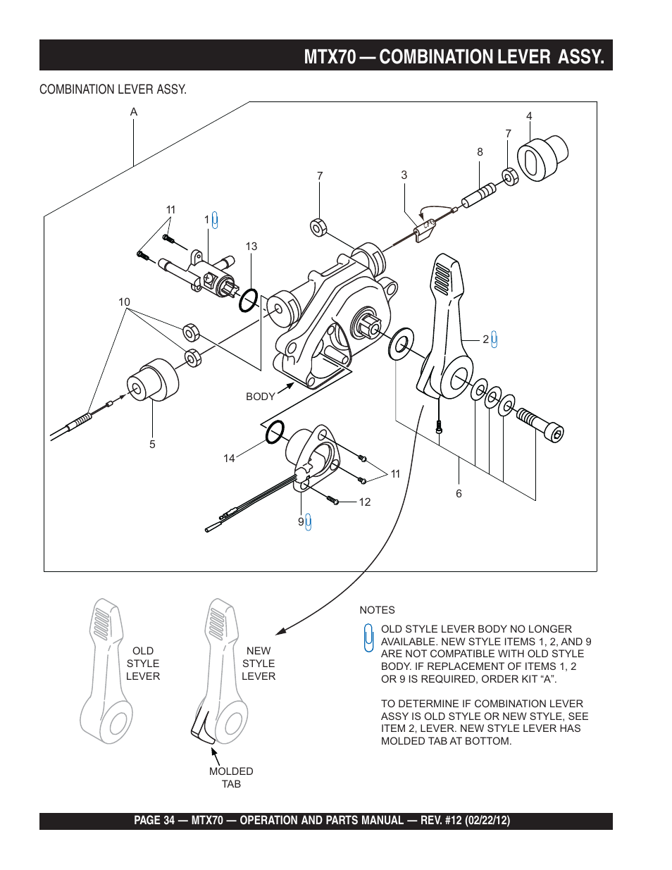 Mtx70 — combination lever assy | Multiquip MTX70 User Manual | Page 34 / 68