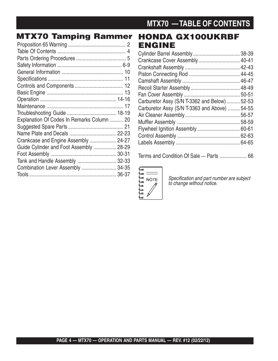 Mtx70 — table of contents, Honda gx100ukrbf engine, Mtx70 tamping rammer | Multiquip MTX70 User Manual | Page 4 / 68