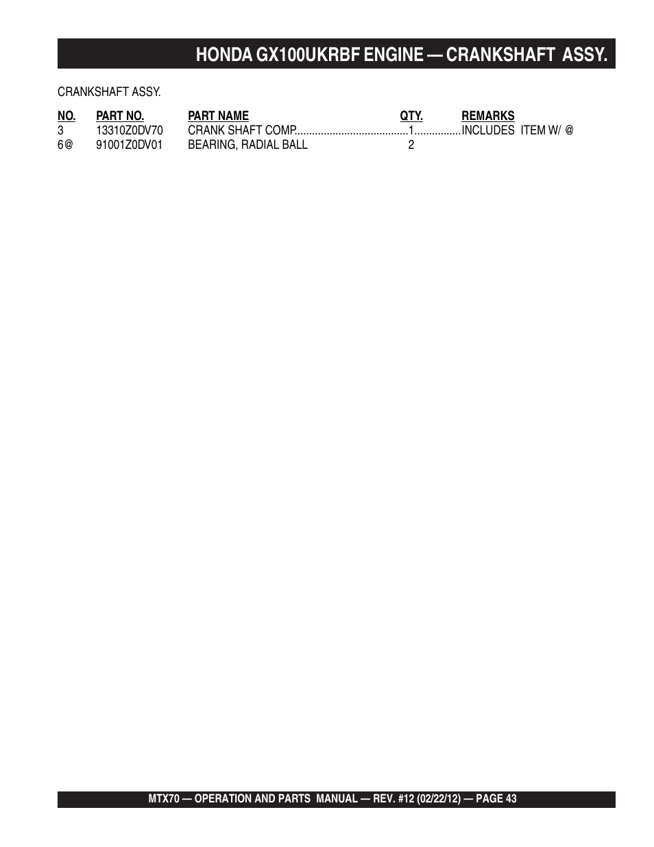 Honda gx100ukrbf engine — crankshaft assy | Multiquip MTX70 User Manual | Page 43 / 68