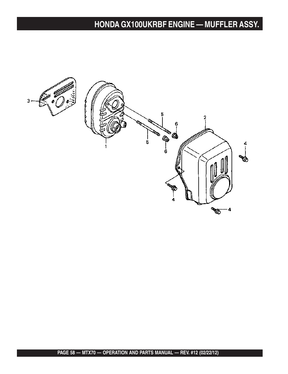 Honda gx100ukrbf engine — muffler assy | Multiquip MTX70 User Manual | Page 58 / 68