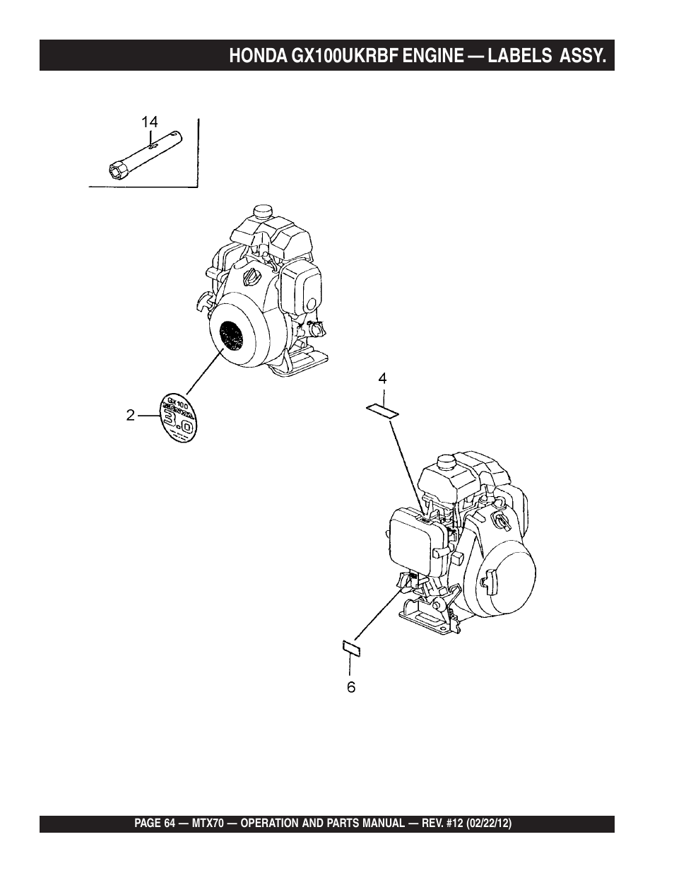 Honda gx100ukrbf engine — labels assy | Multiquip MTX70 User Manual | Page 64 / 68